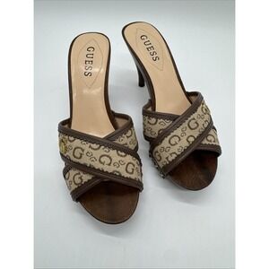 Vintage Guess Logo Slides Women's 7 Brown Wood Heel Sandals
